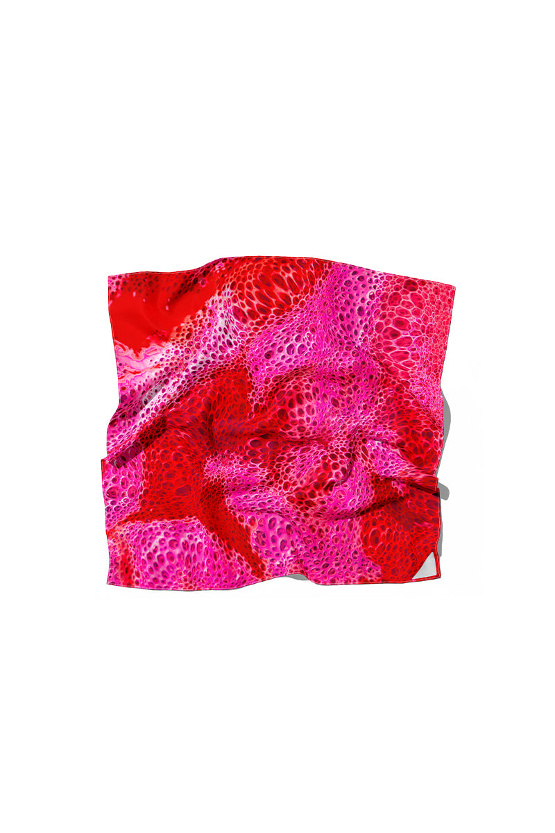 Amel Batita Amore Moussard small silk scarf featuring intricate floral patterns and vibrant colors.