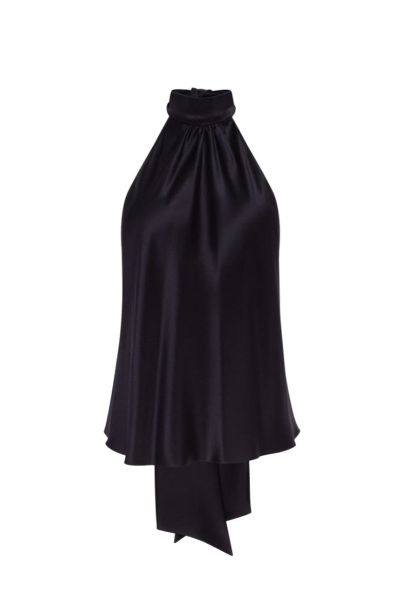 AMORE BLACK SILK-SATIN BACKLESS HALTER-NECK TOP