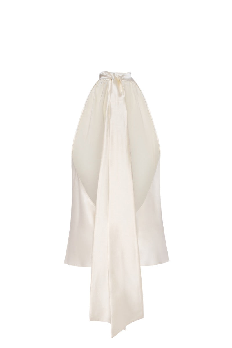 Cream silk satin backless halter neck top by Serenity, featuring smooth fabric and elegant design for stylish occasions.