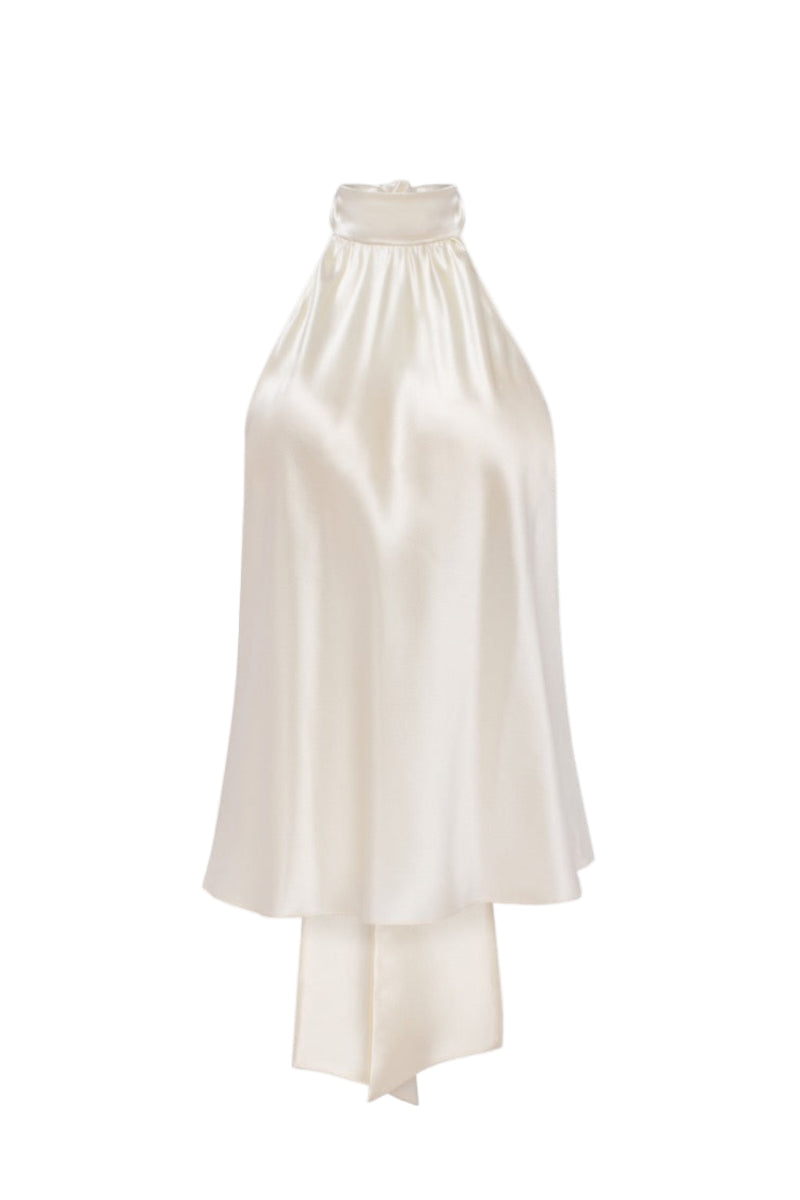 Cream silk satin backless halter neck top by Serenity, shown in the image with smooth fabric and elegant design.