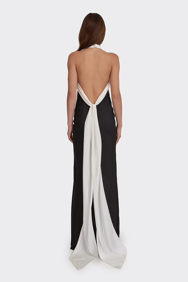 Black Angeline maxi dress by Stolen Stores, flowing fabric and elegant design, full-length view.