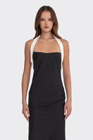 Black Angeline maxi dress by Stolen Stores, flowing fabric with a stylish, elegant silhouette perfect for summer or formal occasions.