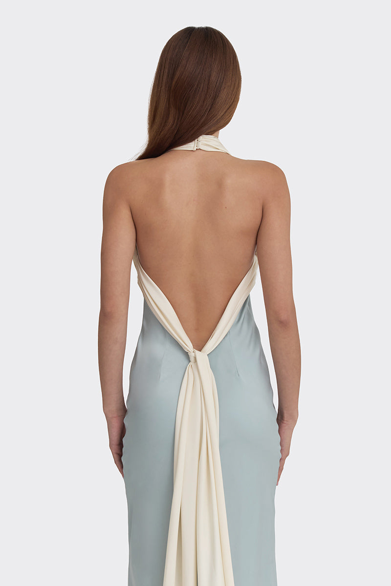 Stolen Stores Angeline maxi dress in dusty blue, flowing fabric with a relaxed fit and elegant design, perfect for summer occasions.