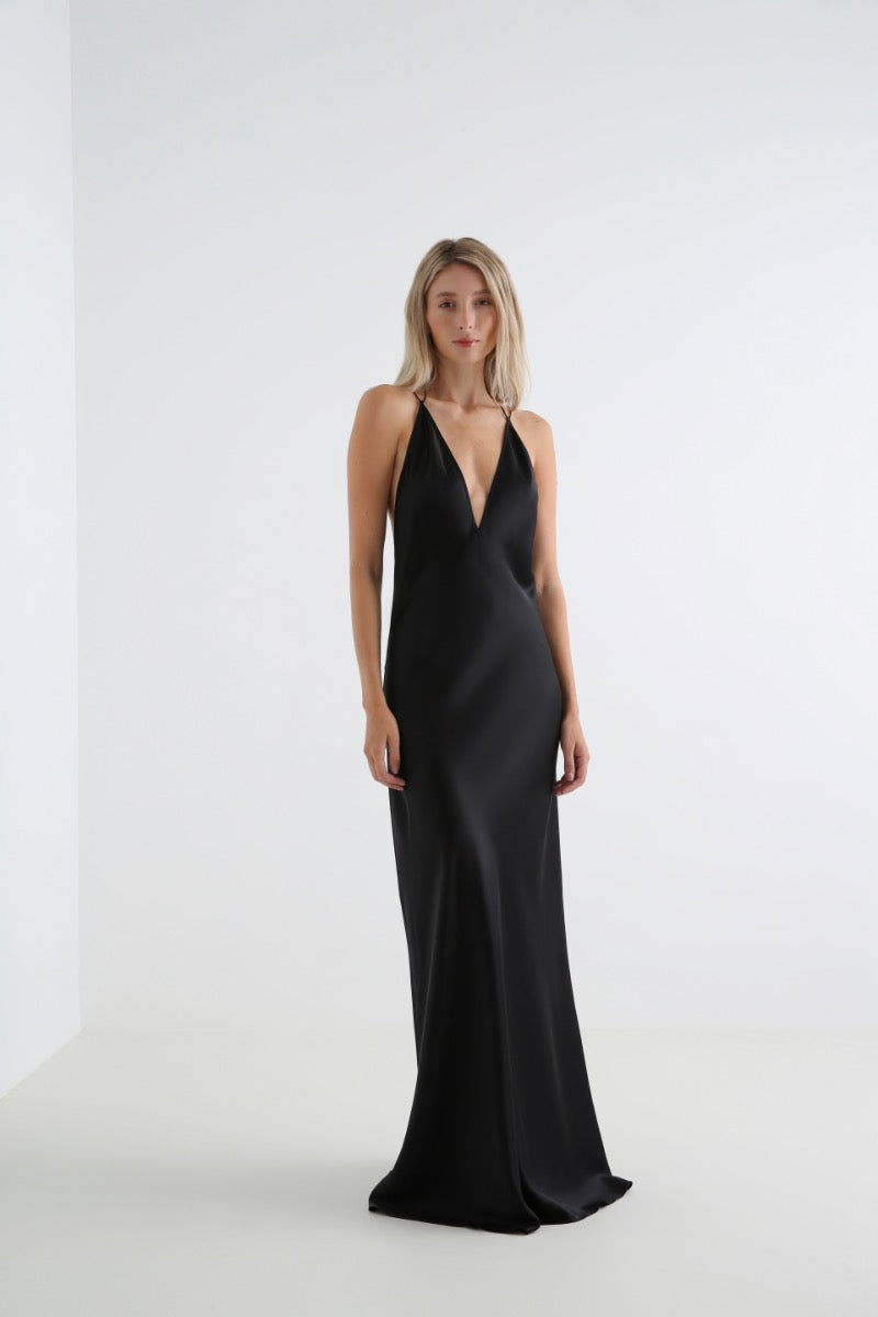 ANIMA BLACK DEEP V-NECK SILK-SATIN MAXI DRESS