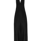 Serenity Anima Black deep V-neck silk-satin maxi dress displayed on a hanger, showcasing elegant flowing fabric and sleek design.