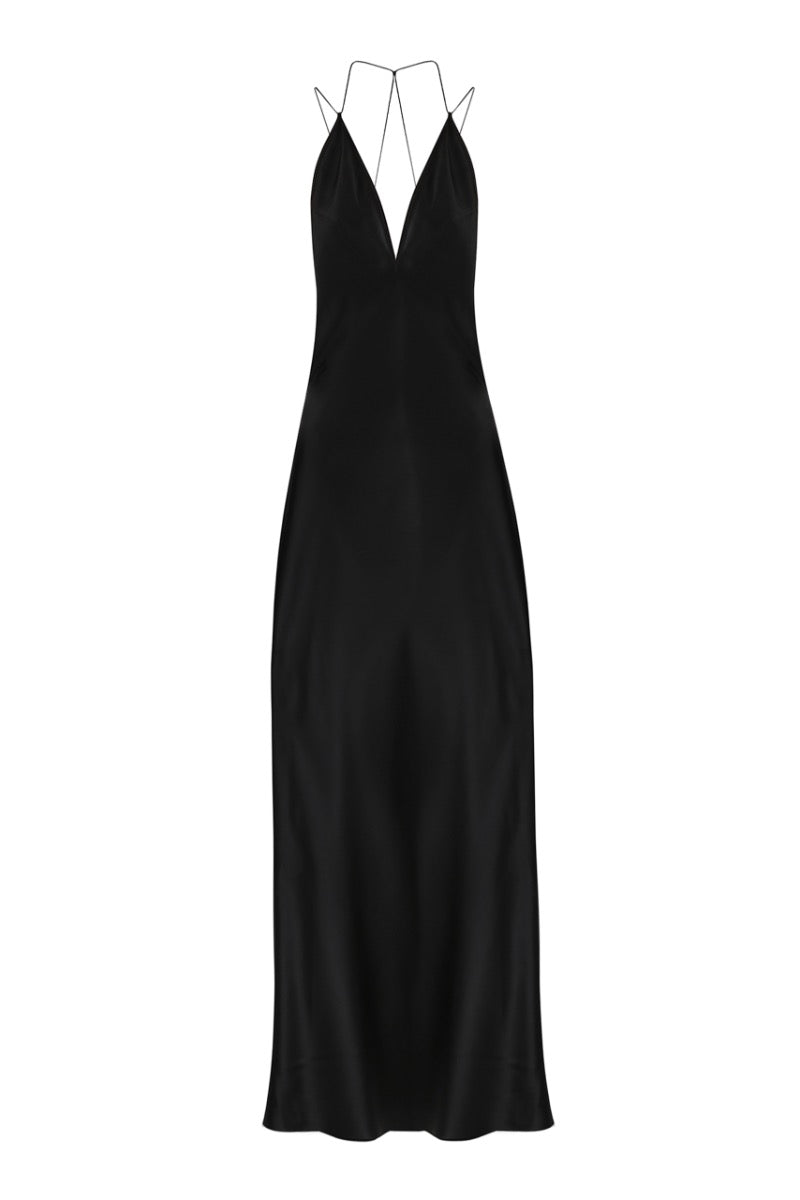ANIMA BLACK DEEP V-NECK SILK-SATIN MAXI DRESS