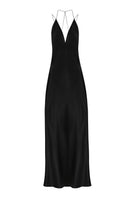 Serenity Anima Black deep V-neck silk-satin maxi dress displayed on a hanger, showcasing elegant flowing fabric and sleek design.