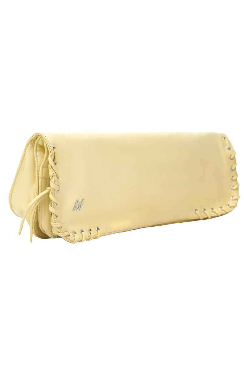 Double A Annabelle clutch leather bag in washed butter yellow, featuring a sleek design and compact size.