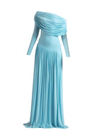 Deme By Gabriella Annie Tropical Blue gown featuring flowing fabric and vibrant tropical print, perfect for elegant occasions.