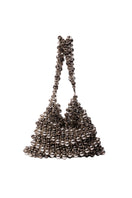 Silver shoulder bag by Millanne Tale with sleek design, featuring a silver finish and shoulder strap on a white background.