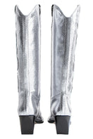 Silver Annie cowboy boots by Terry de Havilland with pointed toes and decorative stitching, styled for a fashionable look.