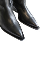 Black Annie cowboy boots by Terry de Havilland featuring pointed toes and western style stitching.