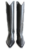 Black Terry de Havilland Annie cowboy boots with pointed toes and decorative stitching, shown on a neutral background.