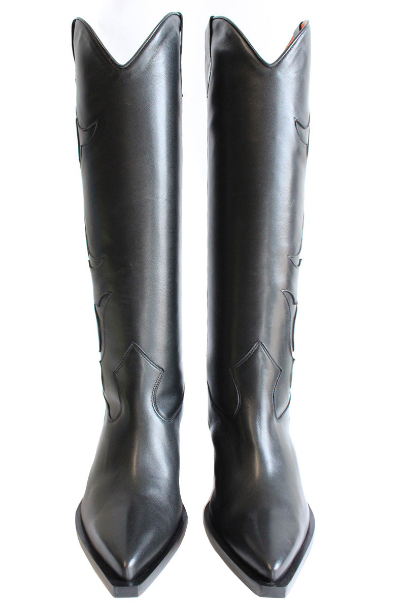 Black Terry de Havilland Annie cowboy boots with pointed toes and decorative stitching, shown on a neutral background.