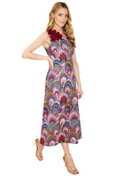 Mestiza New York Annmarie midi dress in flowy fabric with a fitted waist and elegant neckline, showcased on a model.