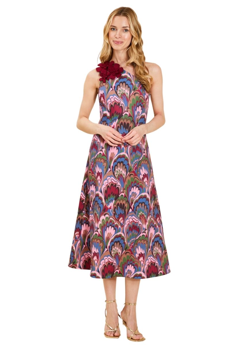 Mestiza New York Annmarie midi dress in flowing fabric with a fitted waist and elegant design, perfect for casual or formal occasions.