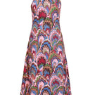 Mestiza New York Annmarie midi dress in flowing fabric with a fitted waist and elegant neckline, displayed on a hanger.