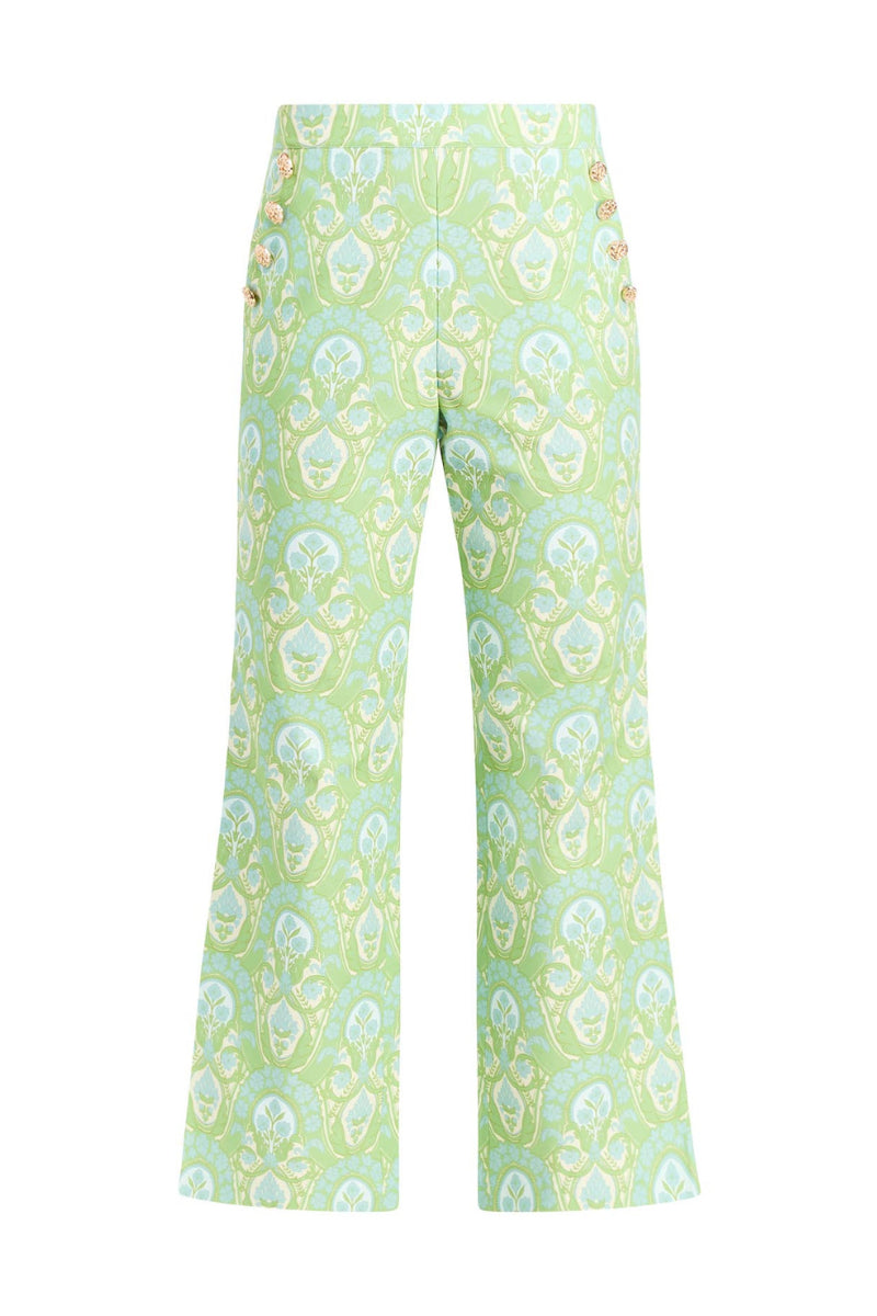 Mestiza New York Antonella pants in Trellis Verte fabric with a stylish, tailored fit and vibrant green floral pattern.