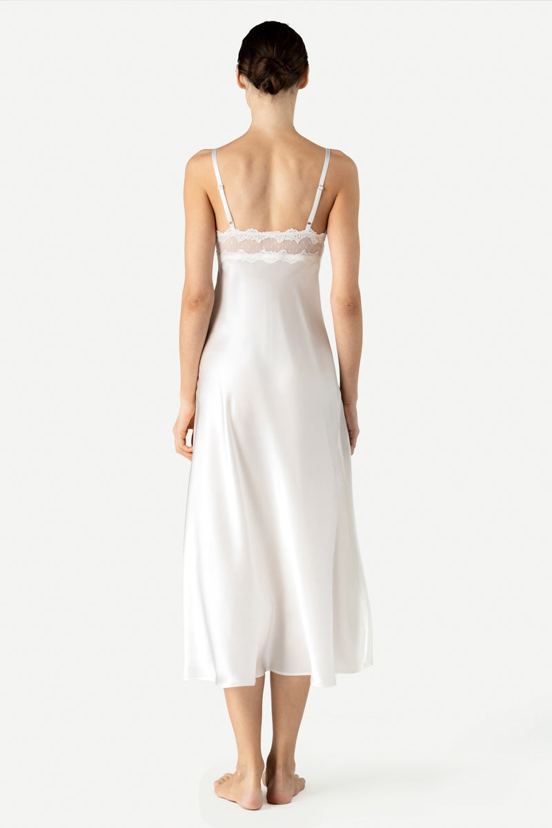 Anya NK Imode ivory bust-support long silk nightgown shown from the back with elegant draping and fitted bust support.