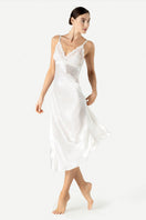 Anya NK IMODE ivory long silk nightgown with bust-support, shown from the side view, elegant and flowing for comfortable sleep.