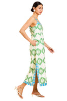 Mestiza New York Apollo convertible midi dress in Palm Bay Blue, shown from side view with flowing fabric and stylish design.