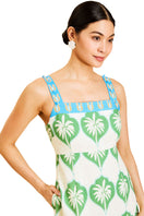 Mestiza New York Apollo convertible midi dress in Palm Bay Blue, showcasing its stylish top and versatile design.