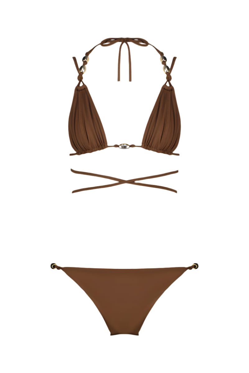 Maliluha Apricate bikini set in brown, featuring a stylish two-piece swimsuit with minimal coverage and adjustable straps.