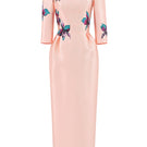 Apricot blush sculpted V-neck pegged midi dress by Tiny Ink, featuring a fitted bodice and flowing skirt, stylish and elegant.