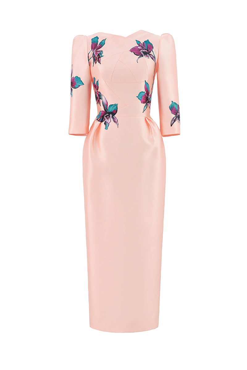 Apricot blush sculpted V-neck pegged midi dress by Tiny Ink, featuring a fitted bodice and flowing skirt, stylish and elegant.