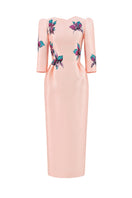 Apricot blush sculpted V-neck pegged midi dress by Tiny Ink, featuring a fitted bodice and flowing skirt, stylish and elegant.