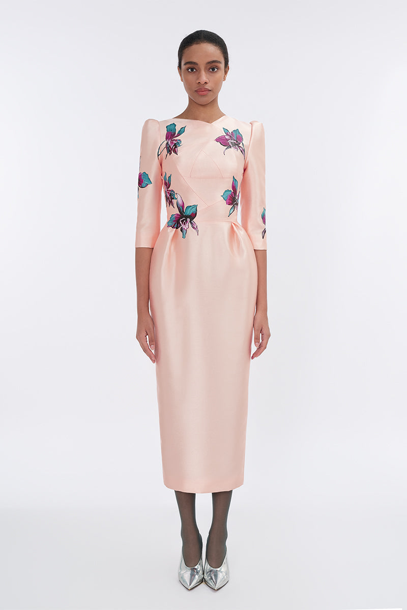 Apricot blush sculpted V-neck pegged midi dress by Tiny Ink, featuring a fitted waist and elegant design.
