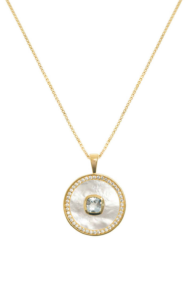 Gold vermeil March aquamarine necklace with mother of pearl accents by Freya Rose, elegant jewelry for special occasions.