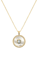 Gold vermeil March aquamarine and mother-of-pearl necklace by Freya Rose featuring a delicate pendant and elegant chain.
