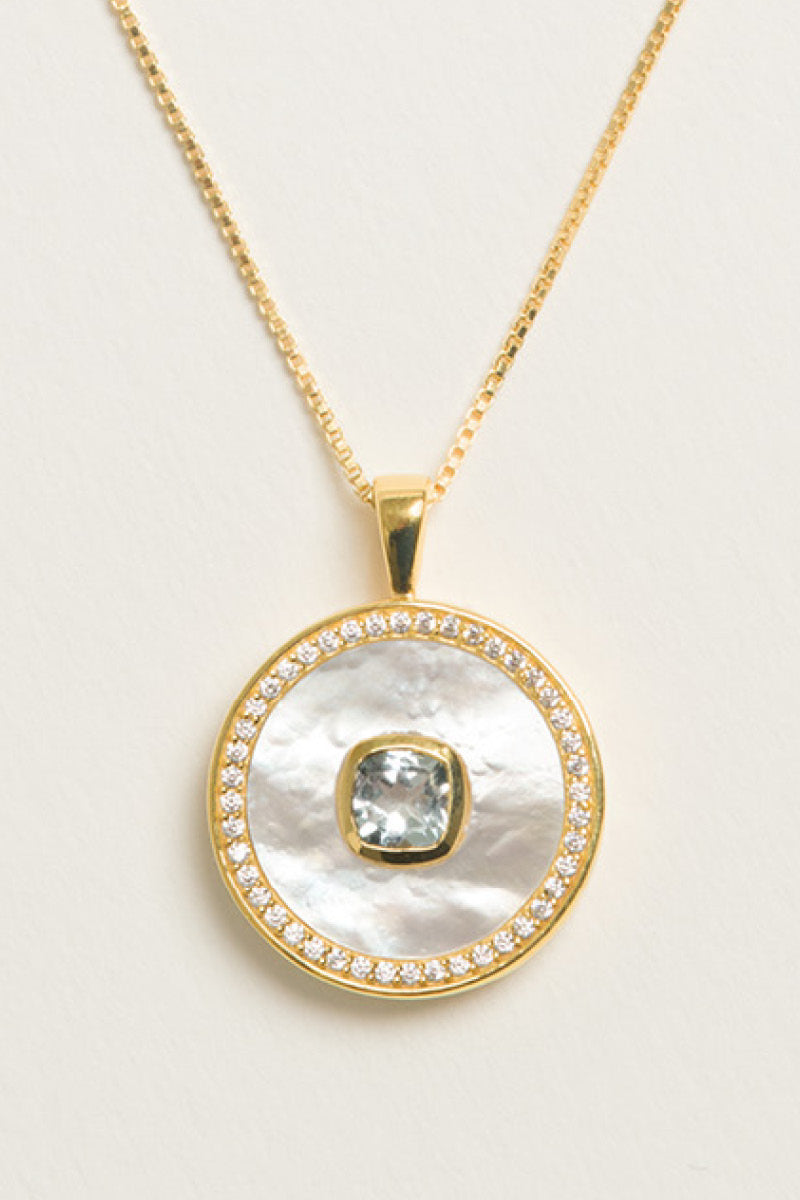 Aquamarine and mother of pearl necklace by Freya Rose featuring a vermeil gold chain and March birthstone design.