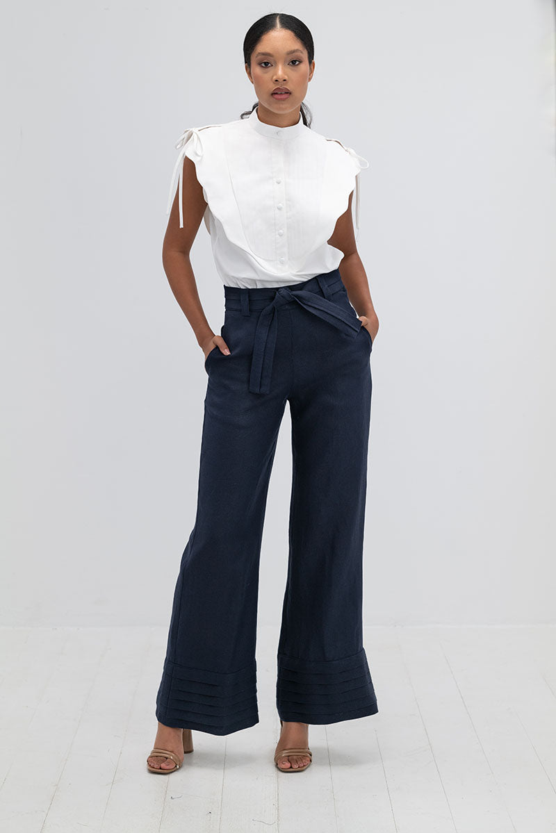 Navy blue ANA + MARIA Ara pants shown in high-resolution image, featuring a stylish and comfortable pants design.