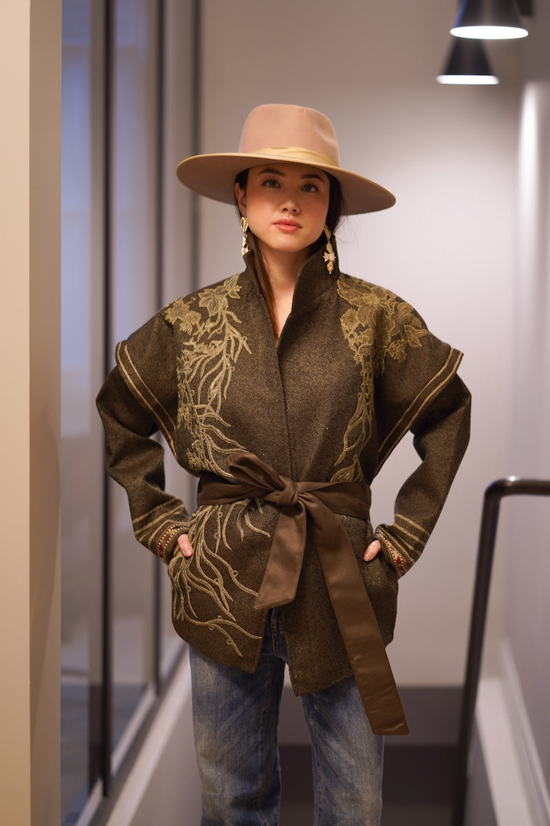 Nadya Shah Arcadian tie belt jacket featuring a stylish design with a tie belt, tailored fit, and classic jacket details.