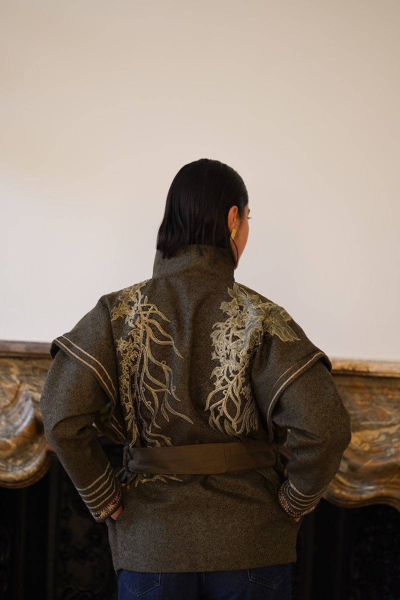 Back view of Nadya Shah Arcadian Tie Belt Jacket showing its stylish design and tied belt detail.