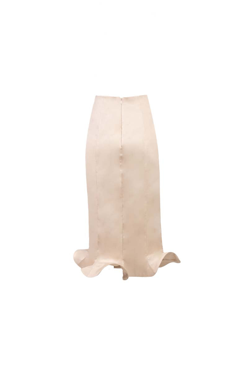 Ivory arch midi skirt by YASSMIN SALEH featuring a modern, flowing design with a ghost back detail.