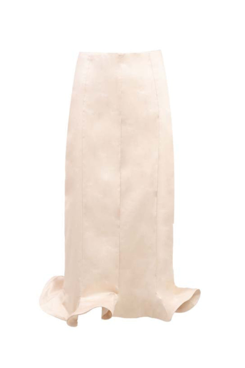 Ivory arch midi skirt by Yassmin Saleh, front view showing sleek design and elegant silhouette.