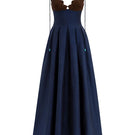 Maylé Vásquez brown and navy Arena gown featuring elegant fabric and stylish design, perfect for formal occasions.