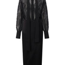 Aretha black silk mixed lace co-ord set featuring a lace shirt and matching pencil skirt by 21Six, displayed on a mannequin.