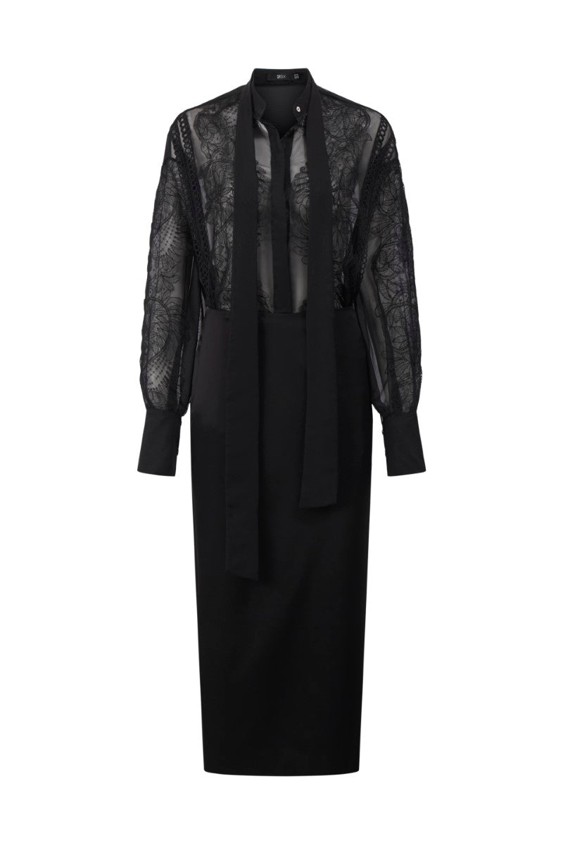 ARETHA BLACK SILK MIXED LACE SHIRT AND PENCIL SKIRT - CULT MIA