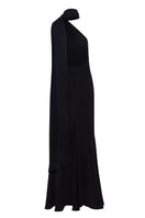 Black Baobab Ari Maxi Dress displayed on a hanger, showcasing its flowing fabric and elegant design.