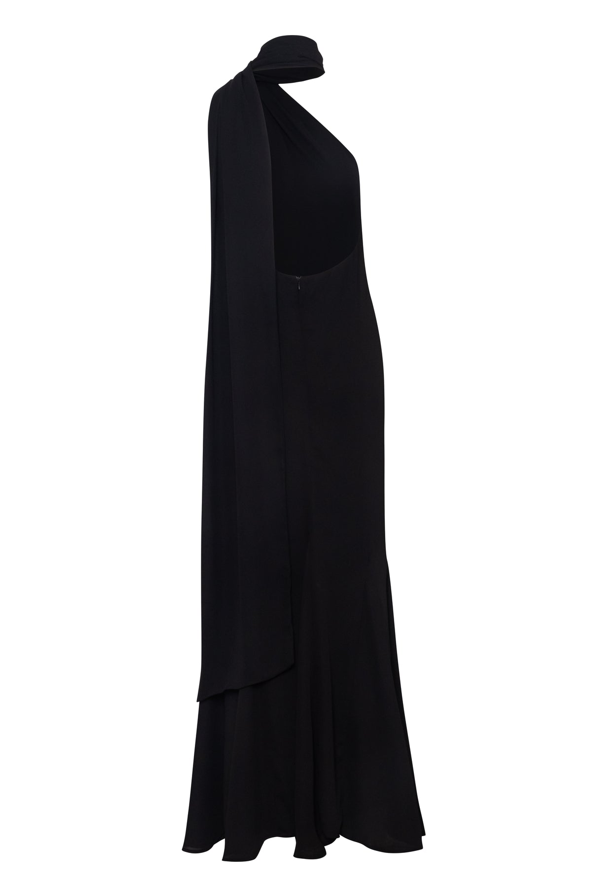 Black Baobab Ari Maxi Dress displayed on a hanger, showcasing its flowing fabric and elegant design.
