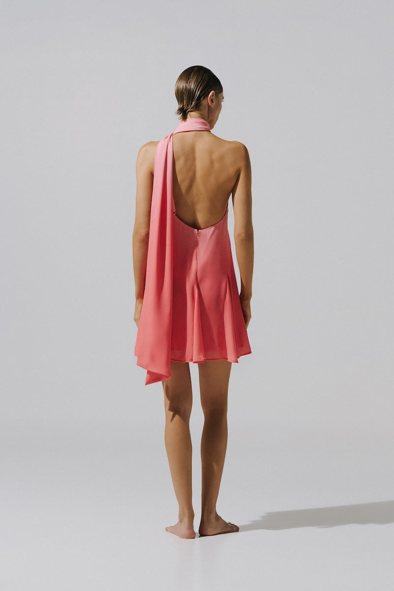Baobab Ari Mini Dress in Coralina color, showing a stylish coral mini dress with a fitted silhouette and sleeveless design.