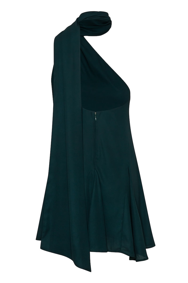 Baobab Ari mini dress in forest green, sleeveless with a fitted waist and flared skirt, displayed on a hanger.