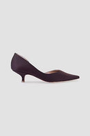 A pair of AERA Ariana Brown eco satin heels with pointed toes and elegant heel design on a neutral background.