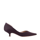 A pair of Ariana brown eco satin heels by AERA featuring elegant pointed toes and sleek heel design.