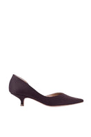 A pair of Ariana brown eco satin heels by AERA featuring elegant pointed toes and sleek heel design.