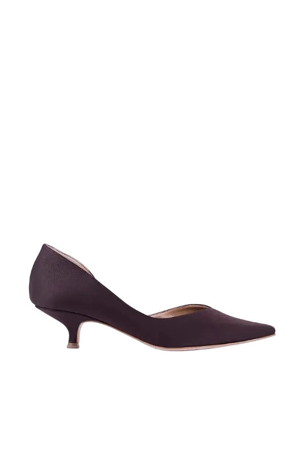 A pair of Ariana brown eco satin heels by AERA featuring elegant pointed toes and sleek heel design.